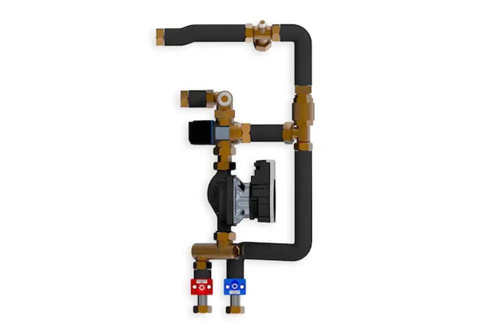 Roth Flächenheizungsmodul mit verschiedenen Rohrleitungen, Ventilen und einem Pumpenelement, zur Montage in Heizsystemen.